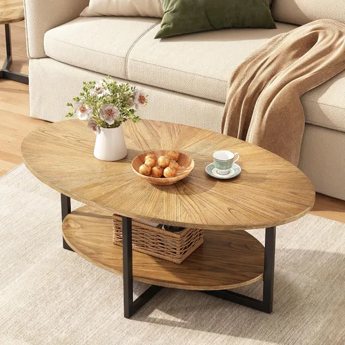 Vista 12 de Mesa auxiliar ovalada de madera con estante de almacenamiento, mesa de 2 niveles, negro y marrón Negro marrón-43.3 pulgadas