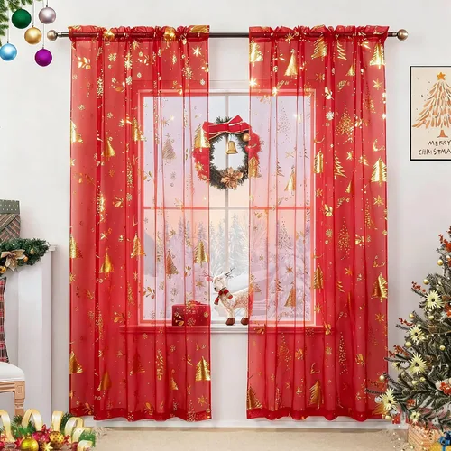 Vista 9 de Cortinas traslúcidas de Navidad para sala de estar, cortinas transparentes con estampado de copos de nieve de lujo, cortinas con bolsillo