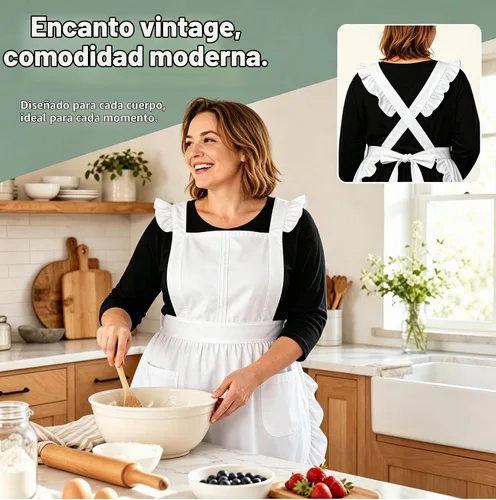 Vista 6 de Love Potato Delantal de cocina de algodón estilo retro para mujer, lazos cruzados ajustables, 2 bolsillos, color blanco