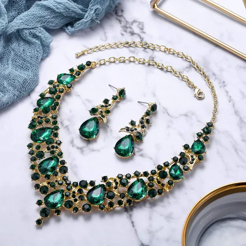 Vista 3 de BriLove Elegante conjunto de collar y aretes colgantes de lágrima de cristal para mujer