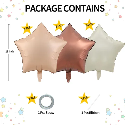 Vista 2 de Globos de papel de aluminio con forma de estrella de arena beige, marrón y blanco, 10 globos de Mylar en forma de estrellas de 18 pulgadas