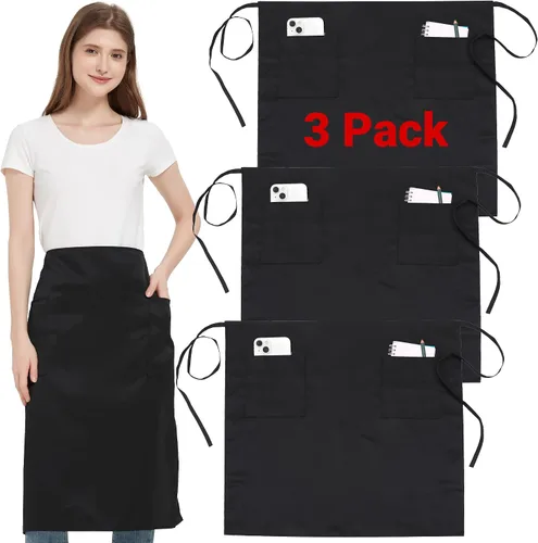 Vista 18 de Paquete de 3 delantales de cintura con 3 bolsillos, delantales de camarero unisex negros, delantales resistentes al agua para restaurante, chef y bar