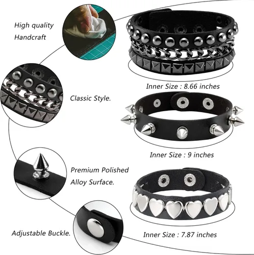 Vista 3 de Eigso 3 pulseras punk de cuero para hombres y mujeres de Rock Rivet Wrap Retro Spike pulsera ajustable
