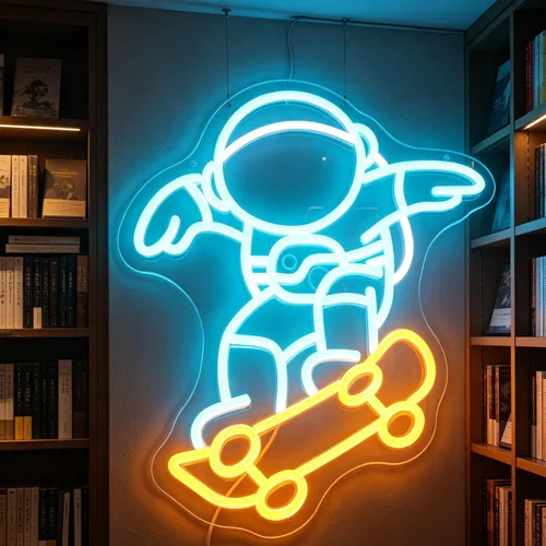 Vista 5 de Astronaut Skateboarding" Space Adventure Light - Arte de pared LED genial y que desafía la gravedad para sala de juegos, dormitorio, decoración
