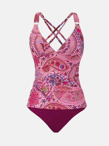 Vista 6 de CUPSHE Conjunto de traje de baño de dos piezas para mujer, tankini con control de abdomen, cruzado y estampado de cachemira