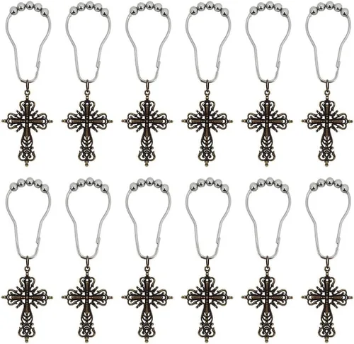 Vista 6 de 12 ganchos de cortina de ducha con cruz vintage para baño, anillos de cortina de acero inoxidable a prueba de óxido con colgante de cruz para Cruz