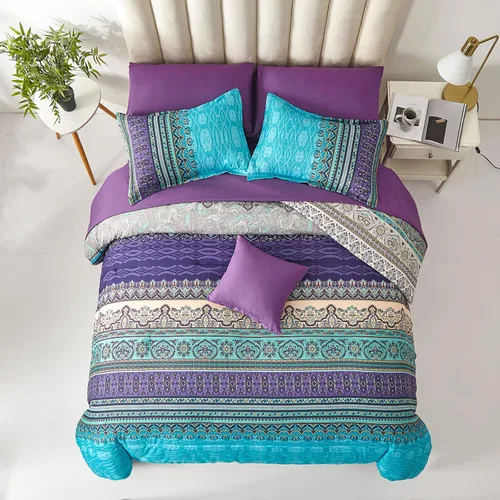 Vista 5 de Cottolester - Juego de edredón bohemio de tamaño matrimonial, 8 piezas, ropa de cama de microfibra suave en una bolsa, rayada y de color aguamarina