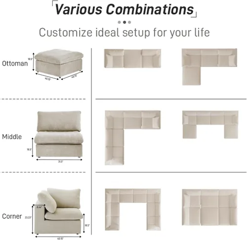 Vista 7 de Sofá seccional modular Cloud, sofá de gran tamaño de 8 plazas, sofás convertibles en forma de U de 160.6" con otomano de almacenamiento para sala