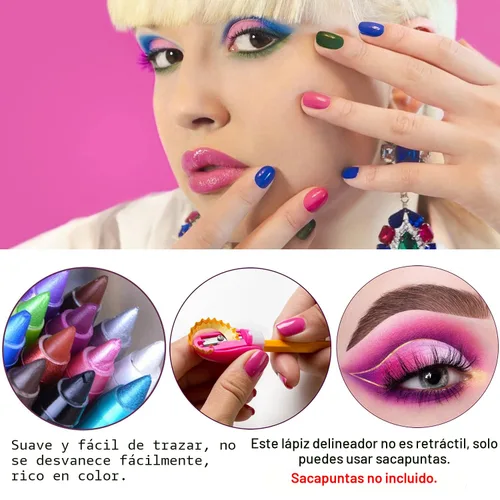 Vista 4 de LemonSac Juego de 15 lápices delineador de ojos coloridos, lápiz sombra de ojos, delineador de ojos con brillo metálico perla y mate para mujeres