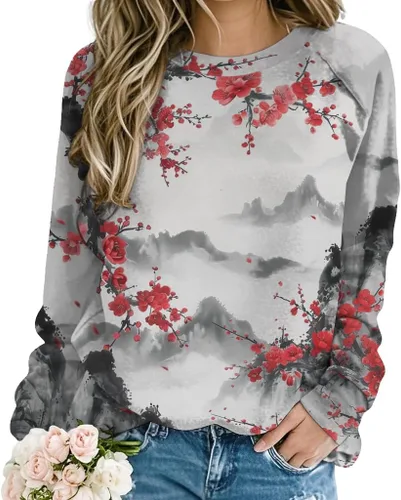 Vista 16 de ZOCANIA Sudaderas para mujer, sin capucha, manga larga, cuello redondo, estampado floral, ajuste holgado