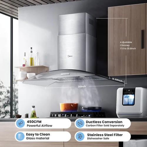 Vista 3 de Midea MVG30W8AST Campana extractora de ventilación de 30 pulgadas con conductos de montaje en pared con ventilador de escape de 450 CFM de 3