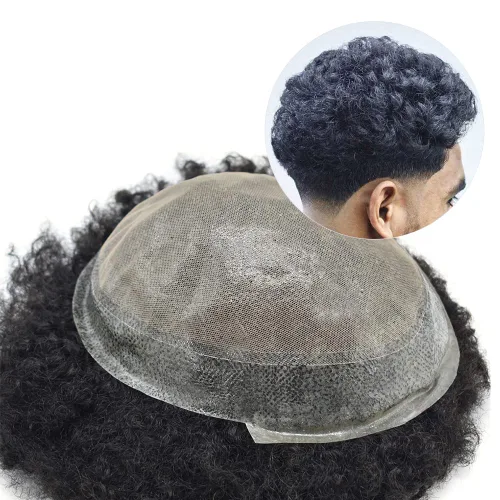 Vista 2 de Toupee - Unidad de cabello rizado afro para hombres negros, centro de encaje transpirable, cabello humano natural, inyección de mano afroamericana