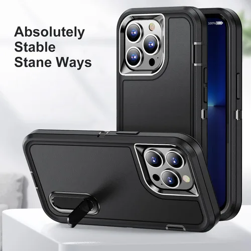 Vista 6 de IDweel Funda para iPhone 13 Pro Max con soporte, color negro para iPhone 13 Pro Max para hombres, protección de alta resistencia, a prueba
