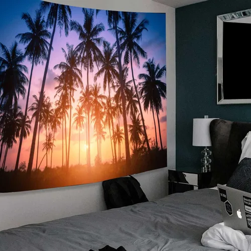 Vista 6 de Hjokiupt Tapiz de playa tropical, puesta de sol, playa, océano, palmera, fantasía, crepúsculo, verano, tapices artísticos para dormitorio, paisaje