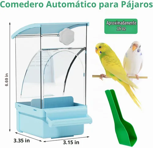 Vista 7 de Hamiledyi Comedero automático para pájaros sin ensuciar, contenedor de comida de semillas de loro acrílico transparente con jaula de perca