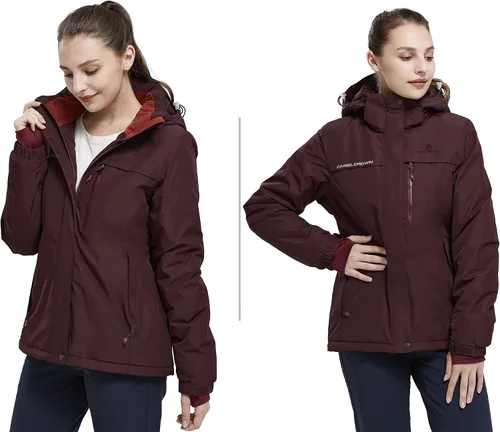 Vista 24 de CAMEL CROWN - Chamarra de esquí para mujer, impermeable, con capucha desmontable, rompevientos, forro polar, parka para lluvia