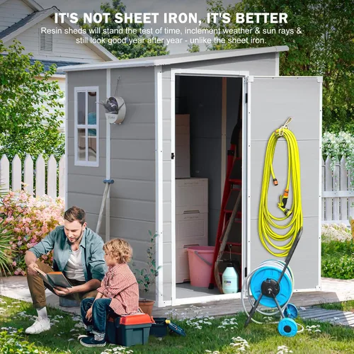 Vista 2 de CDCASA Cobertizo de almacenamiento de resina de 5 x 4 pies con piso y ventana, gris claro Waterproof Resin, Outdoor Storage Shed, Lockable Door.