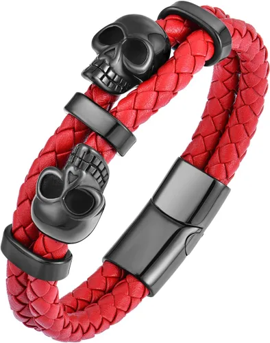 Vista 16 de Pulsera de Cuero de Doble Fila con Calavera para Hombre, Pulsera Trenzada con Calavera Negra o Plateada para Hombre, Joyería Punk Masculina