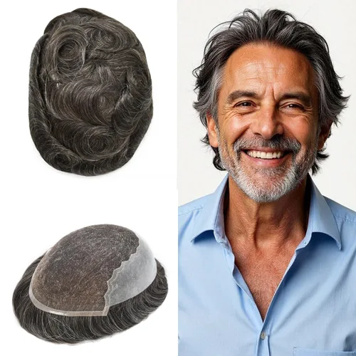 Vista 74 de Toupee para hombres pieza de pelo suave suizo encaje real sistema de cabello humano reemplazo blanqueado nudo mens tupé sistema de pelo para hombres