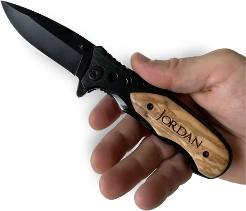Vista 5 de Cuchillo de bolsillo con mango de madera grabado personalizado - Regalo personalizado para hombres