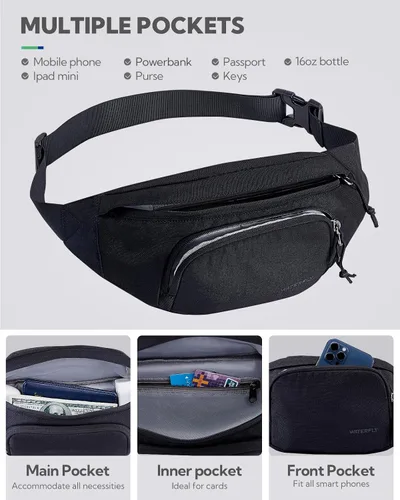 Vista 4 de WATERFLY Cangurera cruzada grande bolsa de cintura delgada, bolsa deportiva para mujer y hombre, mochila de viaje a la moda, para correr, caminar