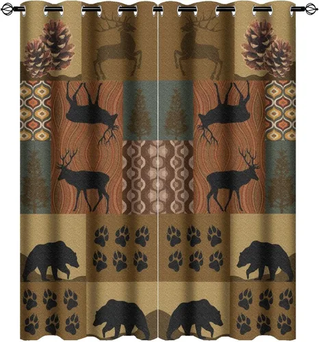 Vista 37 de Cortinas de oscurecimiento estilo campestre con osos, alces y ciervos, cortinas opacas para ventanas con ojales, tratamiento de ventanas eficiente
