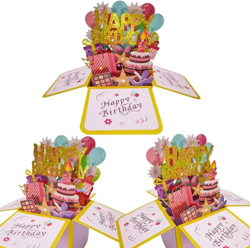 Vista 7 de Tarjetas de cumpleaños 3D desplegables, reproducción automática 3D de colores cambiables, música ligera, tarjetas de pastel de cumpleaños emergentes