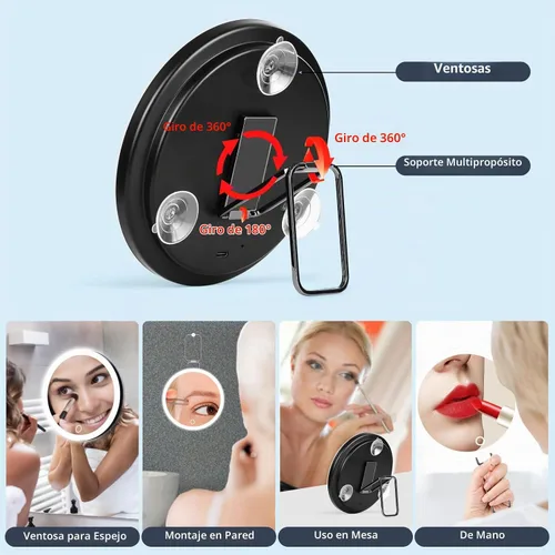 Vista 3 de Espejo de aumento de maquillaje 10X con luces, espejo aumentado de mano de Negro-10x