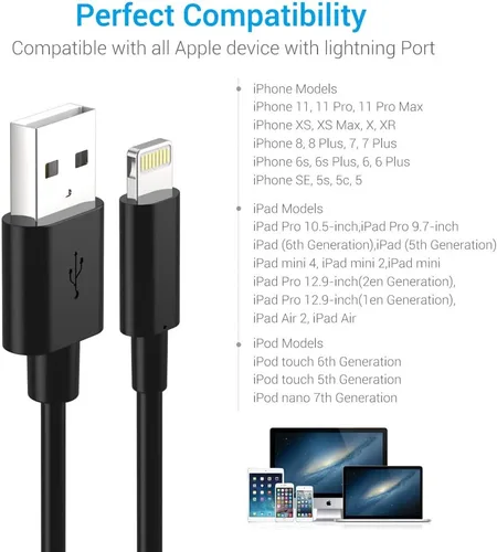 Vista 7 de Cable Lightning certificado – Cargador Nikolable para iPhone, paquete de 3 unidades de 6 pies de iluminación a USB A, cable de carga compatible