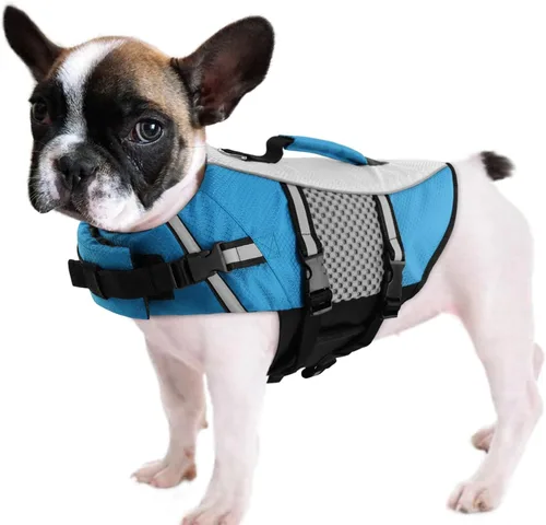 Vista 10 de Chaleco salvavidas para perros, chaleco de natación, ligero, altamente reflectante, para mascotas, con asa de elevación y anillo para correa