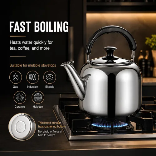 Vista 5 de Hervidor de té silbante, acero inoxidable 316 de grado alimenticio, agua caliente rápida de hervir, hervidor de cocina con mango ergonómico