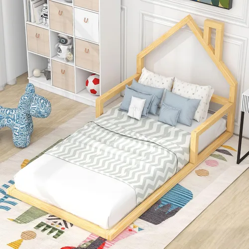 Vista 3 de Quarte Cama de suelo de madera de tamaño individual con cabecera en forma de casa, marco de cama de plataforma de madera para dormitorio,
