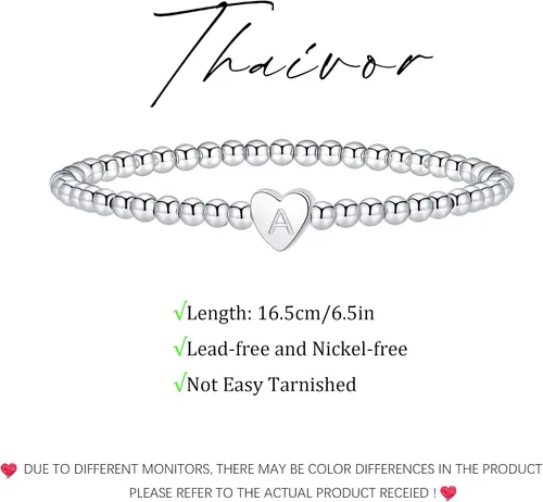 Vista 5 de Pulseras de oro para mujer, chapados en oro de 14 quilates, con cuentas de corazón con letras de corazón, pulsera elástica con iniciales doradas