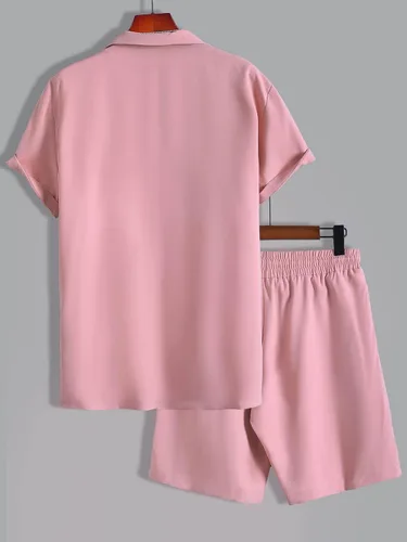 Vista 2 de MakeMeChic Conjunto casual de 2 piezas para hombre cuello con solapa manga corta botones y pantalones cortos