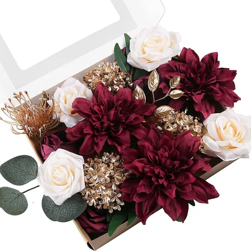 Vista 9 de ponatia Flores artificiales burdeos, combo de flores de boda para bricolaje, ramos de boda, centros de mesa, arreglos, fiestas, baby shower Borgoña