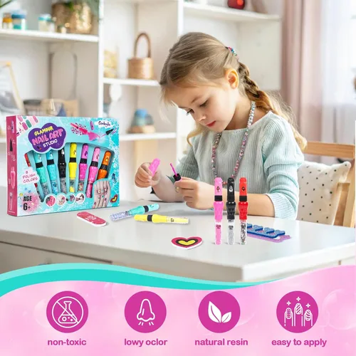 Vista 5 de Juego de 8 bolígrafos de arte de uñas para niños, esmalte de uñas no tóxico y purpurina con punta de garabato, kit de arte de uñas para niñas de 7 a
