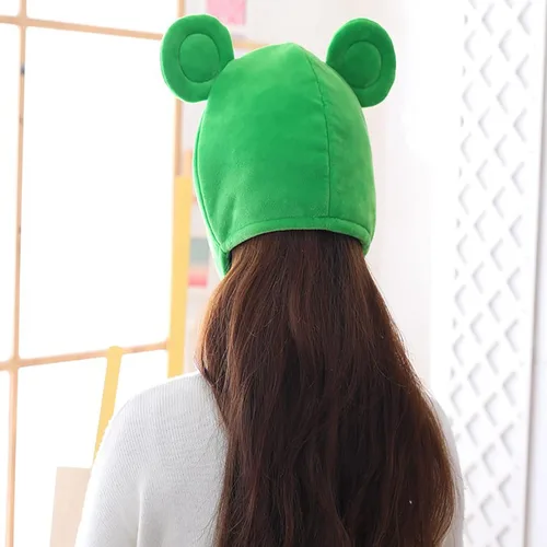 Vista 8 de Bonito sombrero de rana de felpa para adultos, gorro de rana de dibujos animados para disfrazarse, disfraz de cosplay, accesorios de fotos