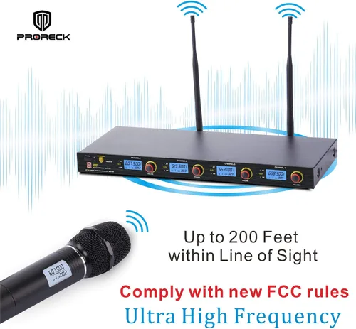 Vista 2 de PRORECK MX44 Sistema de micrófono inalámbrico UHF de 4 canales con 4 micrófonos de mano Máquina de karaoke