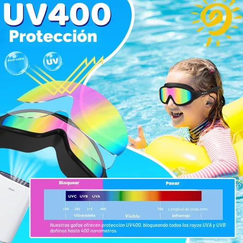 Vista 6 de Vvinca Gafas de natación para niños, con tapones para los oídos y clip para la nariz, visión amplia, antivaho y UV, para niños y niñas de 3 a 15 años