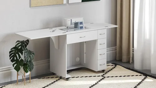 Vista 9 de Arrow - Muebles de costura clásicos Alice - Armario de costura compacto de tamaño mediano con elevación hidráulica de máquina, cajones, hojas