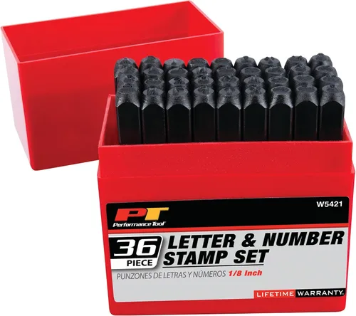 Vista 6 de Performance Tool W5422 Juego de 36 piezas de sellos de letras y números de acero para identificación, incluye 26 letras de la A a la Z, 9 números