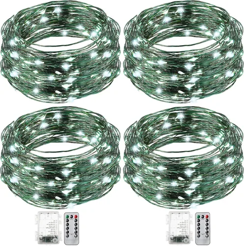 Vista 14 de Remagr 4 paquetes de luces de hadas navideñas de cadena, luces LED de alambre verde impermeables, funciona con pilas, con control remoto, 8 modos