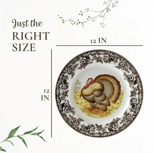 Vista 2 de Spode Woodland Turkey - Bandeja redonda de porcelana fina de 12 pulgadas con borde de flores británicas, diseño rústico de Acción de Gracias, apto