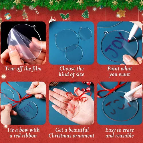 Vista 3 de 36 piezas de adornos acrílicos transparentes en blanco, adornos de círculo redondo de plástico para manualidades con cinta roja, decoración