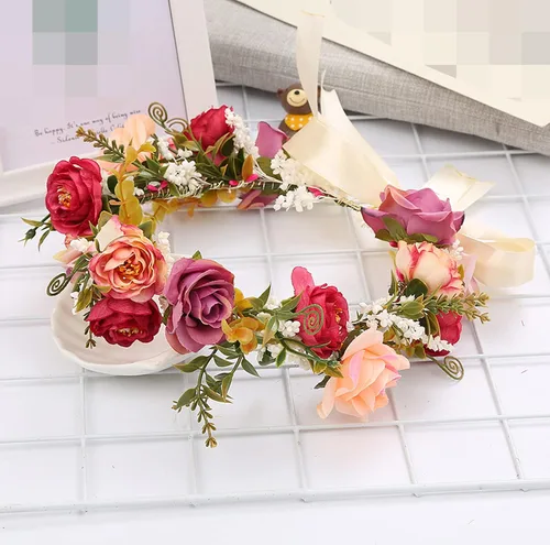 Vista 6 de Corona de flores de rosas para novia, diadema floral para el cabello, diadema de flores, halo bohemio con cinta, boda, fiesta, festival, fotos