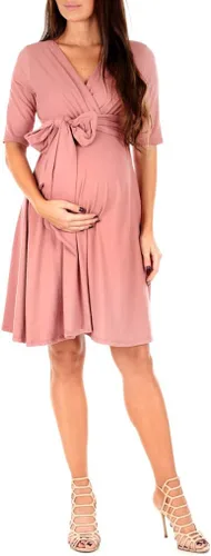 Vista 6 de Mother Bee Maternity - Vestido de maternidad de media manga, diseño cruzado de imitación con lazo frontal Coral