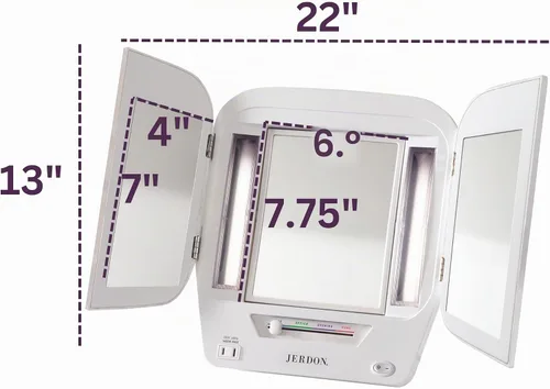 Vista 5 de Jerdon JGL10 W Euro Espejo de 3 paneles iluminado con aumento de 5X, 4 configuraciones de luces, acabado blanco Diseño moderno de tres pliegues