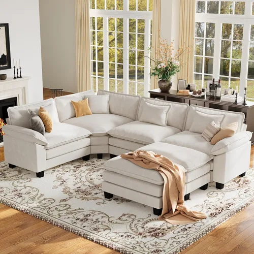 Vista 130 de Sofá modular de gran tamaño de 154 pulgadas, cómodo sofá en forma de U con 3 otomanas móviles, sofá moderno de felpilla de 7 plazas para sala