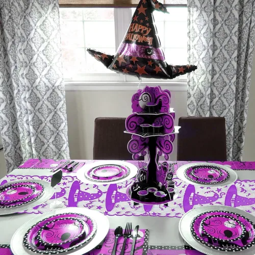 Vista 4 de Camino de mesa de Halloween – Camino de mesa de encaje con sombrero de bruja para decoraciones de mesa de Halloween – Máscara de Halloween, cena