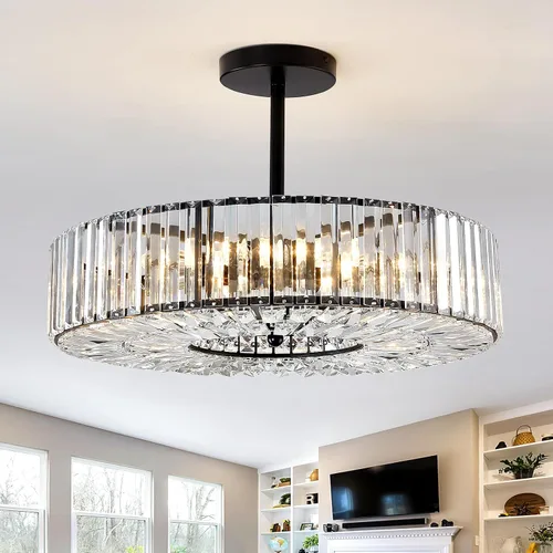 Vista 13 de Piepooye 4 Luces Moderna Lámpara de Araña de Cristal Dorado Redondo Montaje Semiempotrado en el Techo Lámpara de Granja para Comedor Sala de Estar